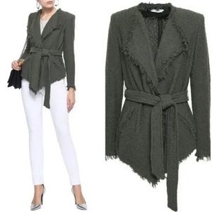 Iro Quinet Tie Up Belted Tweed Frayed Blazer Jacket in green